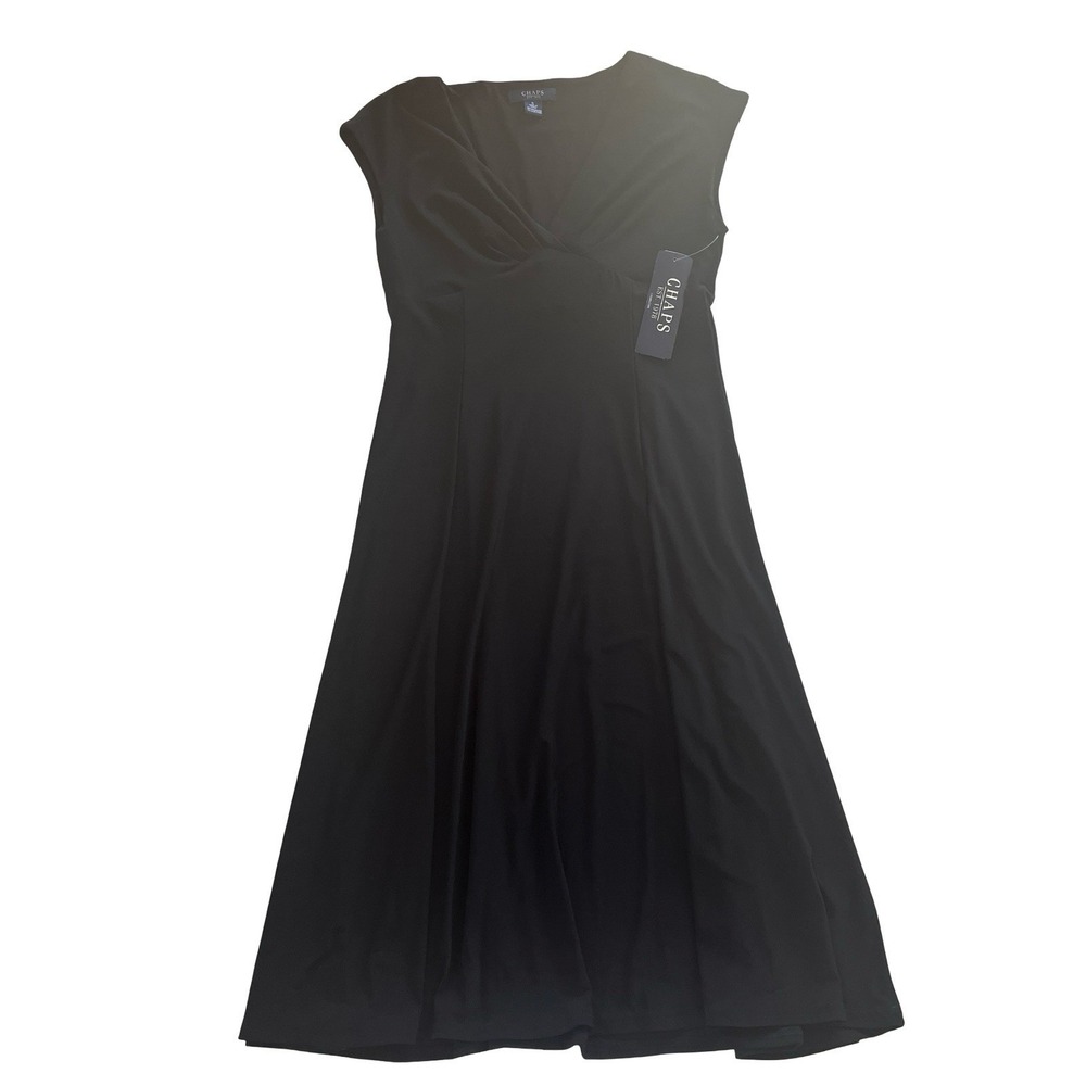 NWT Chaps Women's Size S Dress Black V-Neck Short Cap Sleeve Swing Formal